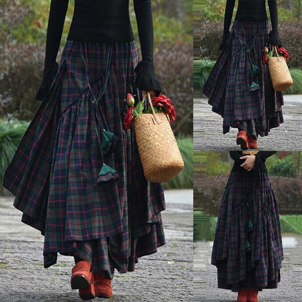 Plaid pleated cheap maxi skirt