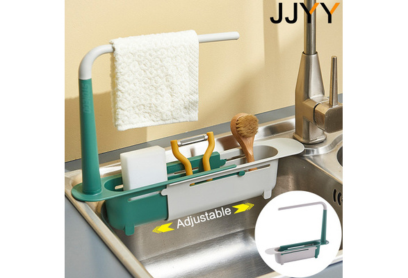 JJYY 1PC Telescopic Sink Storage Rack Holder Adjustable Sink Holder Tray  Sponge Soap Holder Sink Organizer Dish Cloth Hanger Stonego Bathroom Kitchen  Accessories