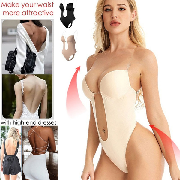 Woman Deep V Bodysuit Clear Strap Backless Plunge Thong Push Up padded Bra Body  Shaper Suit Convertible Seamless Low Back XS-XXXL