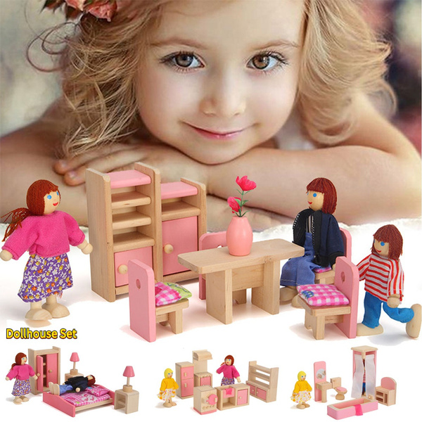 8 Types of Handmade Wooden DollHouse Set Family Doll Ornaments Mini