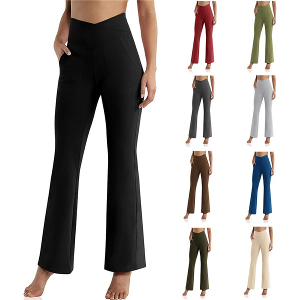 Women's Bootleg Yoga Pants with Pockets High Crossover Waisted Wide Leg ...