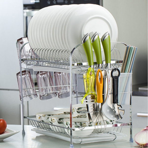 2 Tier Dish Drying Rack Stainless Steel with Utensil Knife Holder and  (Cutting Board Holder or Cup Holder) Dish Drainer with Removable Drain  Board for Kitchen Counter Organizer Storage
