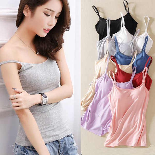 Cheap Women's Camisole Tops with Built in Bra Neck Vest Padded