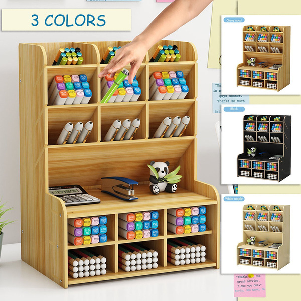 School Supply Storage DIY Wooden Desk Organizer with Drawer, Pen Holder Box Desktop Stationary