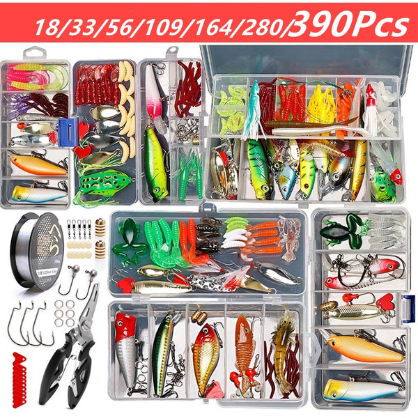 18/33/56/106/109/122/164/280/390 Pcs Freshwater Fishing Lures Kit  Multi-Function Full Swimming Layer Fishing Tackle Box with Tackle Included  Frog Lures Fishing Spoons Saltwater Pencil Bait Grasshopper Lures For Bass  Trout Bass Salmon