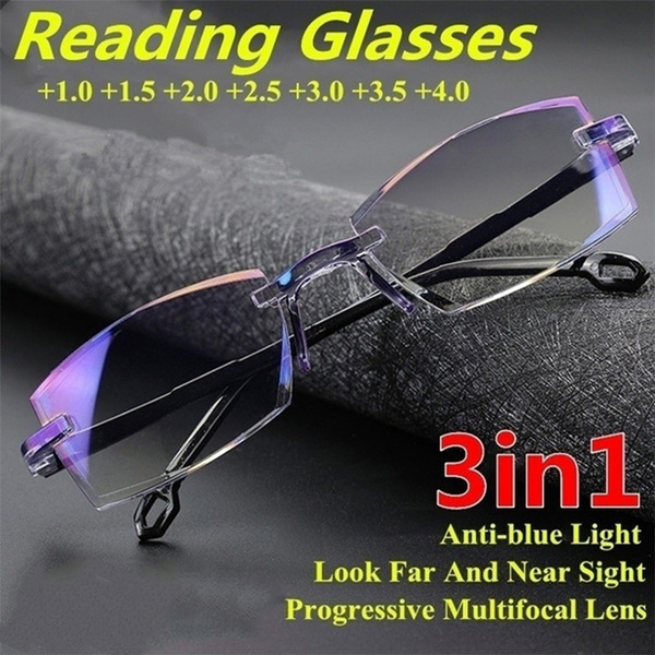 Men Women Rimless Reading Glasses Bifocal Far Near Anti Blue Light ...