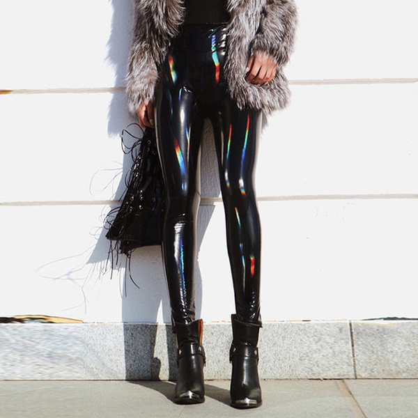 Fashion Women's Shiny Leather Pants Elastic High Waist Faux