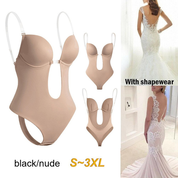 Women's Backless Shapewear U Plunge Lace Bodysuit Deep V Neck Body