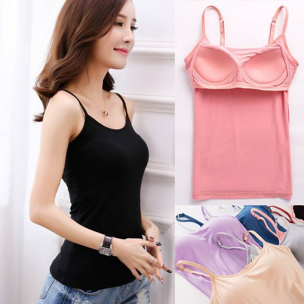 2022 Women Solid Tank Tops Adjustable Strap Built In Cup Padded Wireless  Camisole Camis Vest Female Home Basic Tank Top