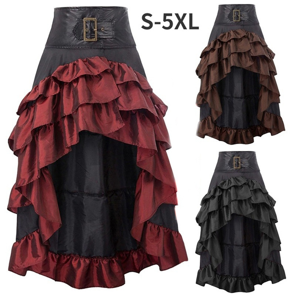 S-5XL Victorian Asymmetrical Ruffled Trim Gothic Long Skirts Plus Size ...