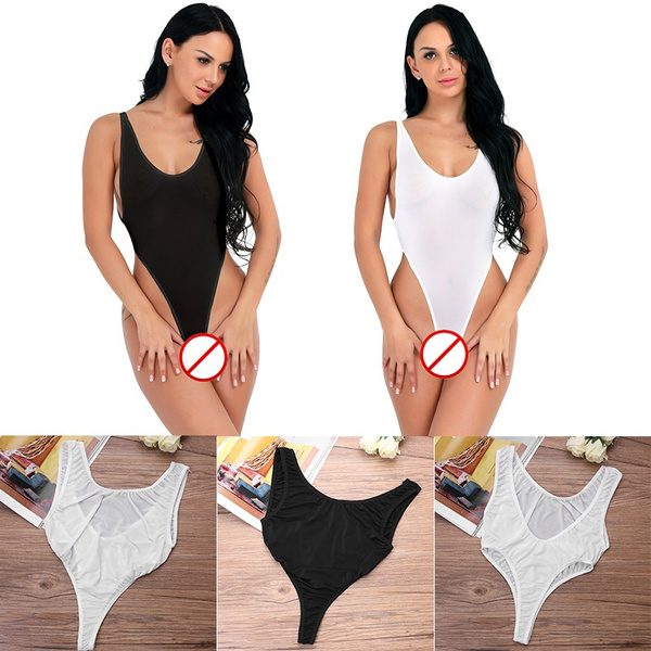 Women High Cut One Piece Swimsuits See Through Mesh Bodysuit Backless  Leotards