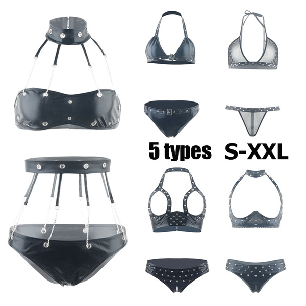 Women Sexy Costumes Vinyl Leather Bras With Panties Sets Wet Look
