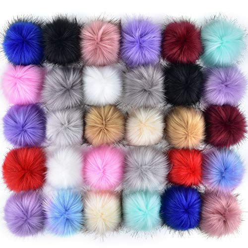 60 Pcs Faux Fur Pom Pom for Hats - Soft Pompoms with Elastic Loop Removable  Knitting Hat Accessories for Shoes Scarves Gloves Bags Crafts Keychain (30