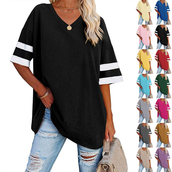 XS-8XL Summer Tops Plus Size Fashion Clothes Women's Casual Short Sleeve  Tee Shirts Ladies V-neck Blouses Solid Color Oversized Pullover Tops Half  Sleeve Loose Striped Cotton T-shirt