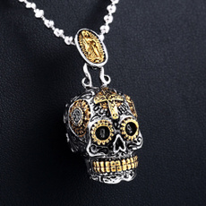 skullnecklace, punk necklace, Skeleton, gold