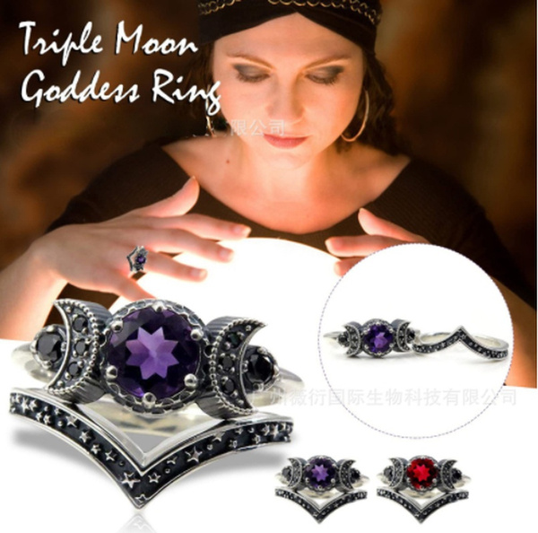 Hecate Triple Moon Ring Set Silver and Black Diamond Engagement Rings ...