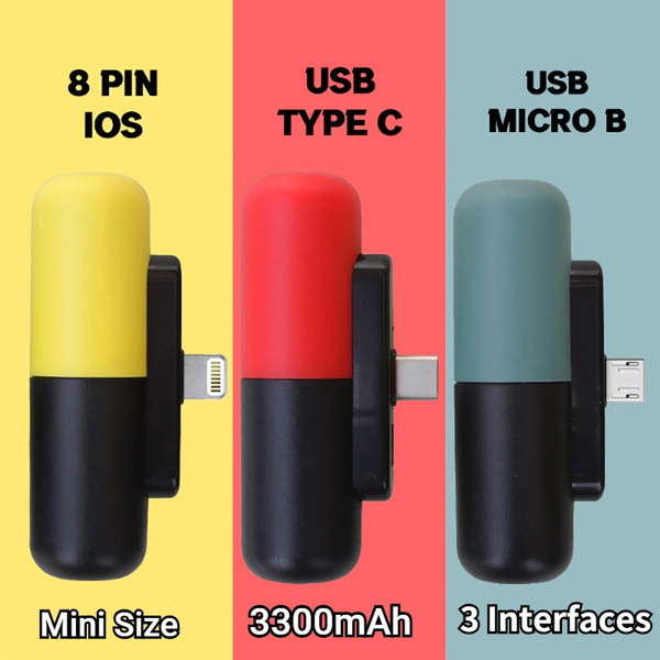 3300mAh Portable Mini Capsule Power Bank in Green/ Red/Yellow Adapted to  IPhone/ Andriod/ Type-C Interface Backup Battery Powerbank External Charger