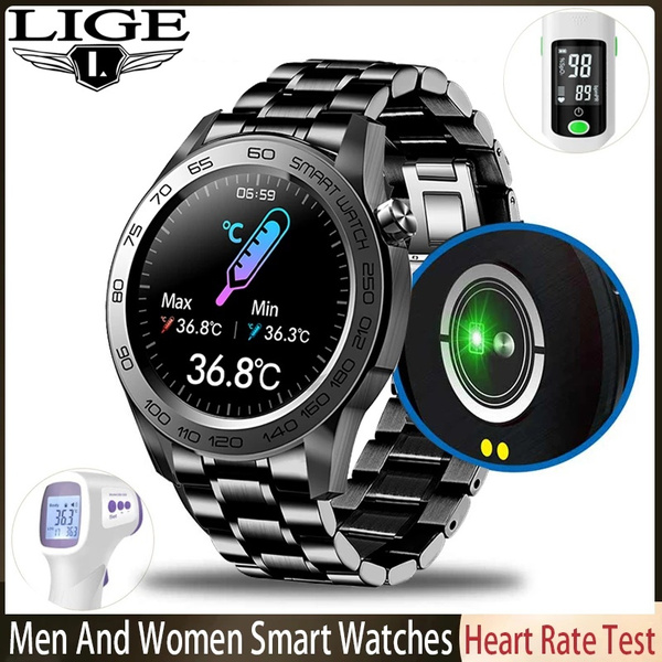 LIGE New Steel Band Men Smart Watch Full Touch Screen Body Temperature