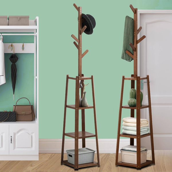 Free Standing Coat Rack Shoe Rack Wooden Coat Stand Storage Shelves