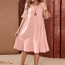 short sleeve dress, Cotton, Necks, solidcolordres