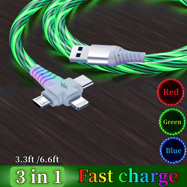 Cavo USB LED Luminoso Fluente Per Ricarica E Sync, Type-C E IPhone, Lunghezza 100cm