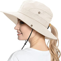 Women's Outdoor UV-Protection-Foldable Sun-Hats Mesh Wide-Brim Beach  Fishing Hat with Ponytail-Hole
