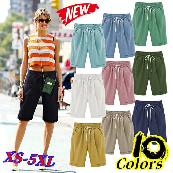 10 Colors Fashion Women Solid Elastic Waist Shorts With Pockets Linen ...
