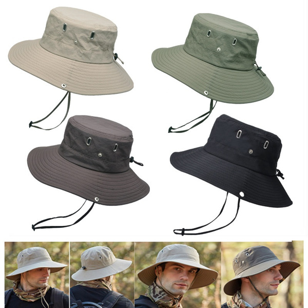 Men Fashion Summer Outdoor UV Protection Sun Caps Wide Brim Safari Fishing Sun  Hat Adjustable Drawcord Hunting Hat