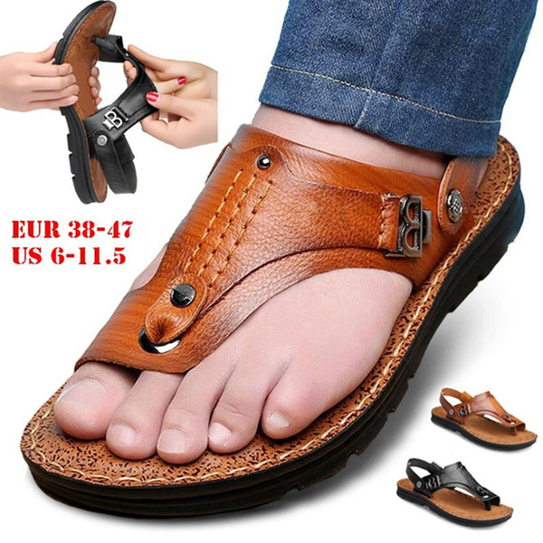 Men Leather Flip Flops Slippers Beach Sandals Shoes Men Flat Heel