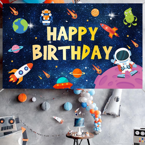 Outer space happy birthday photography background astronaut rocket