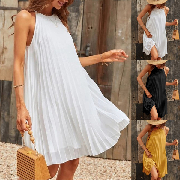 Women Summer Sling Mini Dress Spaghetti Strap Sundress Party Casual Loose  Pleated Camisole Dresses Plus Size