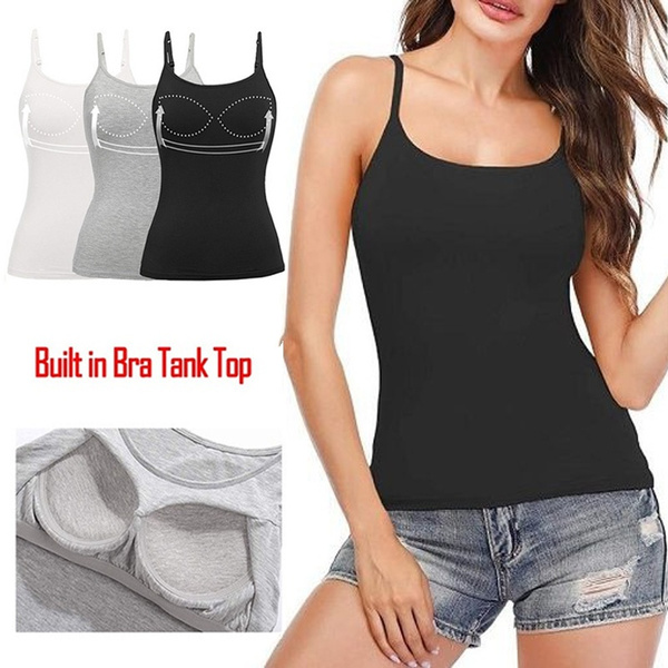 New Padded Bra Tank Top Women Modal Spaghetti Solid Cami Top Vest Female  Camisole with Built In Bra Fitness Clothing S-XL