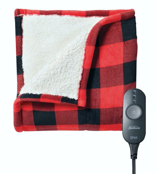 Sunbeam Electric Heated Sherpa Plush Warming Throw Blanket Red Black