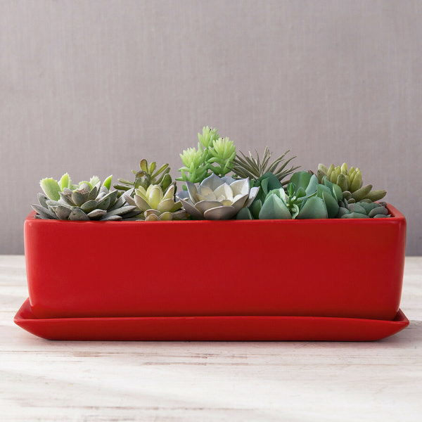 MyGift 14 Inch Glazed Red Rectangular Ceramic Succulent Window Box