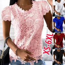 summer t-shirts, Lace, Plus size top, V-neck