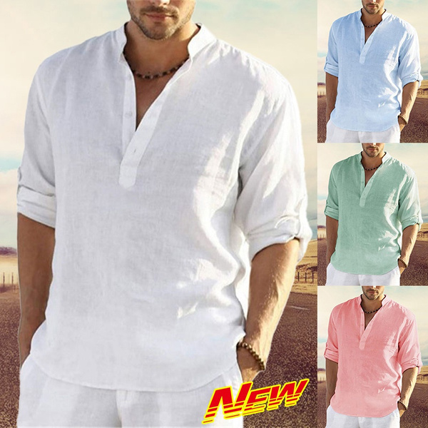 Vintage Cotton Linen Shirt Men's Comfy Lightweight Breathable Casual T- Shirts Fold Long Sleeve Design Button Up Henley Shirts Boho Style Loose  Tops Clothing