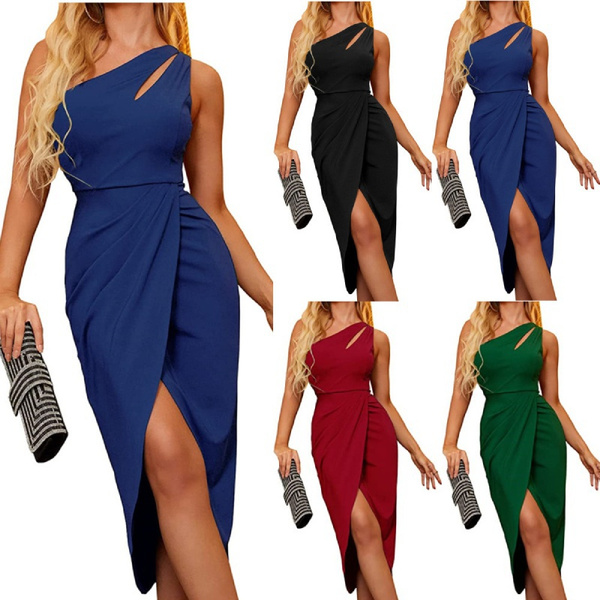 Women's Summer Dress Sexy One Shoulder Cutout Ruched Slevveless Split ...