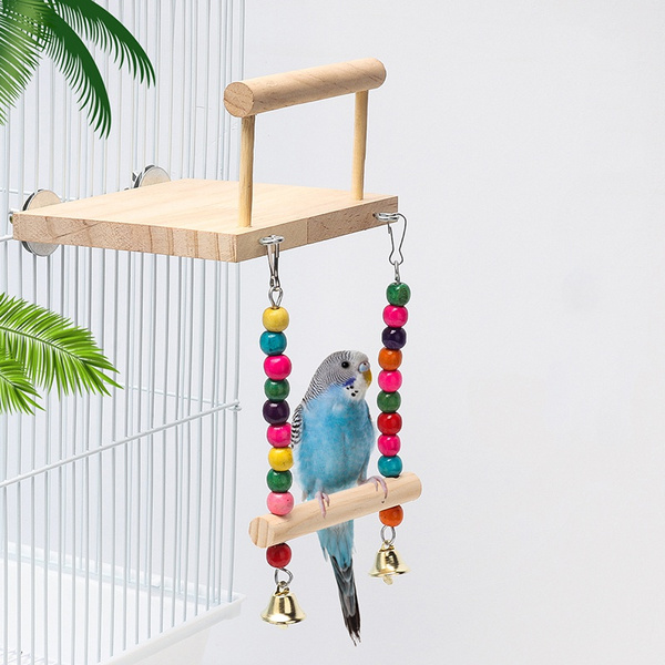 Image showcasing Bird Swing Toy Wooden Parrot Perch Stand Playstand with Chewing Beads ...