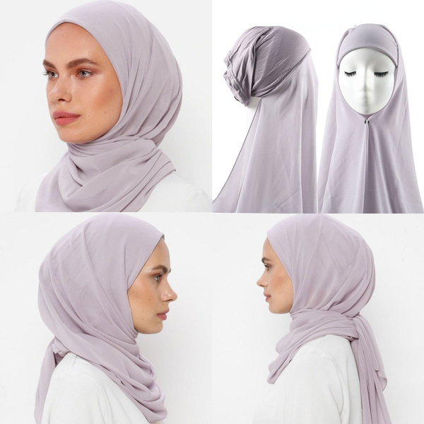 Instant Hijab with Cap Heavy Chiffon Jersey Hijab for Women Veil Muslim ...