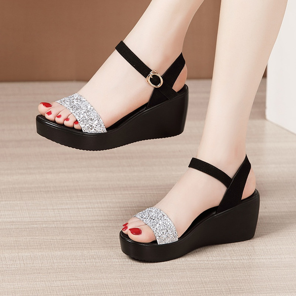 Women Glitter Slope Heel Sandals Female Waterproof Platform Wedge Heel  Summer Sandals Lady Sequined Muffin Thick Bottom Sandals Women Ankle Strap  High Heel Dance Shoes Lady Sweet Office Business Work Shoes Plus