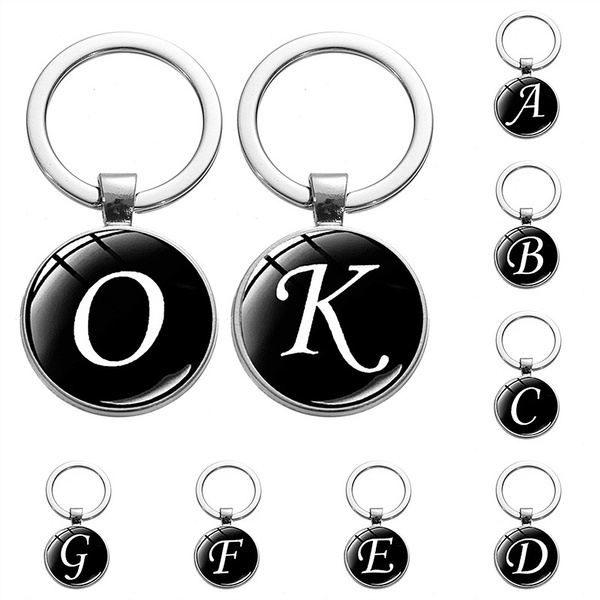 26 English Letters Glass Round Charm Key Ring A-Z Initial Name Keychain ...