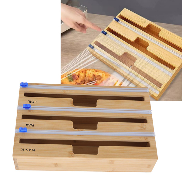 Plastic Wrap Dispenser 3 Slots Natural Bamboo Food Grade Easy Operation Plastic Wrap Dispenser 3 Slots Natural Bamboo Food Grade Easy Operation
