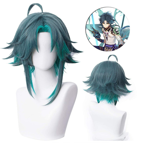 Green Blue Wig for Xiao Genshin Impact Game Anime Fluffy Cosplay Hair ...