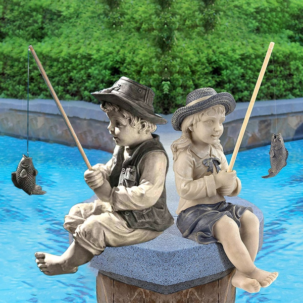 Creative Lovely Fisherman Little Girl Boy Statue Sculpture, Little