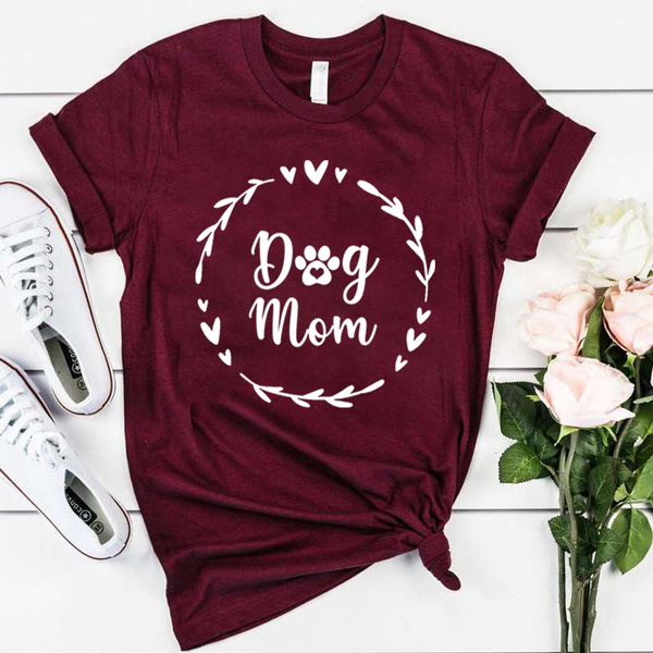 Dog Mom T-Shirt For Women - Casual Short Sleeve Tee, Dog Mama Letter Print, Cotton Blend