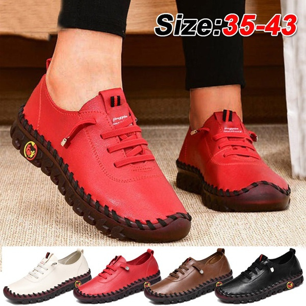 Womens Casual Leather Shoes Beef Tendon Soft Bottom Flat Shoes Comfort Ladies Shoes Big Size 