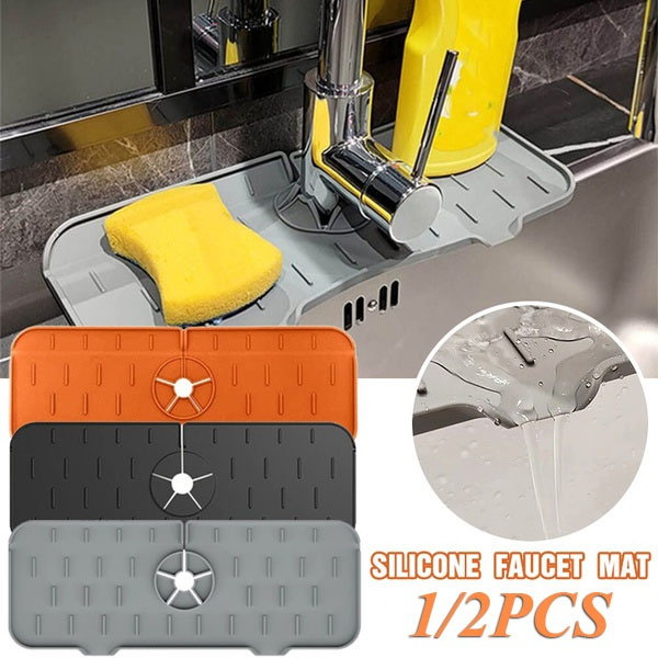 Kitchen Sink Splash Guard Set (2 Pcs) - Silicone Faucet Drip Catcher & Absorbent Mat, Self-Draining, Black - View #4