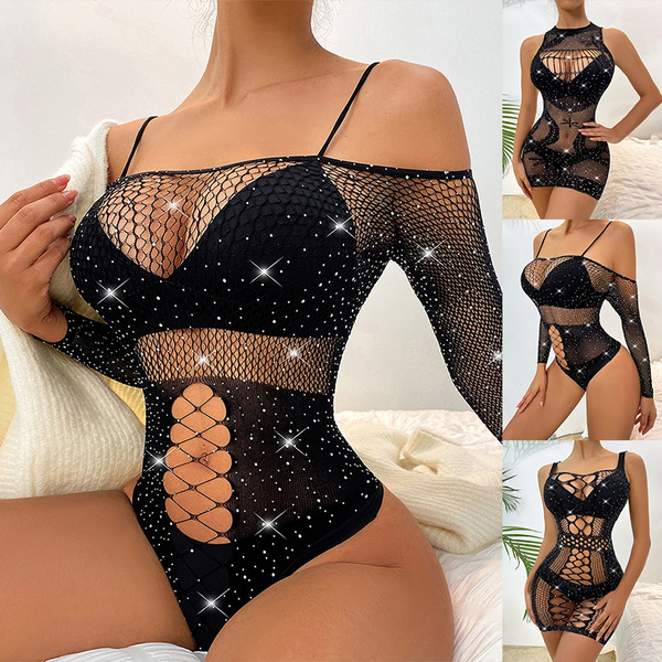 Women's Sexy Sequined Fishnet Bodysuits Lingerie One-piece