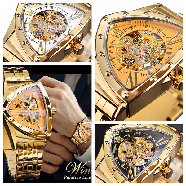 2022 Men Skeleton Automatic Mechanical Watch Gold Vintage Man Watch Triangle Wristwatches Luxury