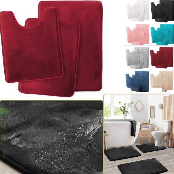 3pc Bathroom Rugs, Velvet Memory Foam Bath Mat - Non-Slip Bath